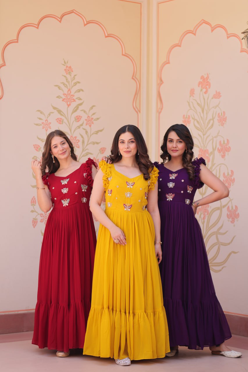 Sonakshi Women's Purple , Maroon & Gold Faux Blooming Beads Embroidered work Anarkali Gown Set - Distacart
