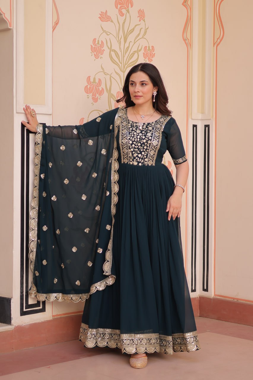 Sonakshi Women's Rama Faux Blooming Embroidered Zari Sequins Work Anarkali Gown Set With Dupatta - Distacart