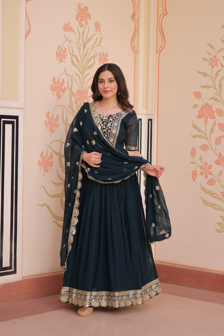 Sonakshi Women's Rama Faux Blooming Embroidered Zari Sequins Work Anarkali Gown Set With Dupatta - Distacart