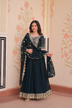 Sonakshi Women's Rama Faux Blooming Embroidered Zari Sequins Work Anarkali Gown Set With Dupatta - Distacart