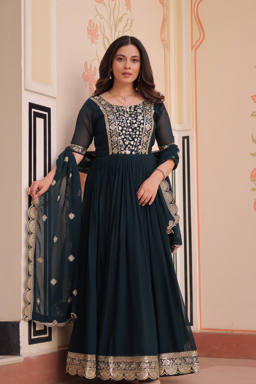 Sonakshi Women's Rama Faux Blooming Embroidered Zari Sequins Work Anarkali Gown Set With Dupatta - Distacart