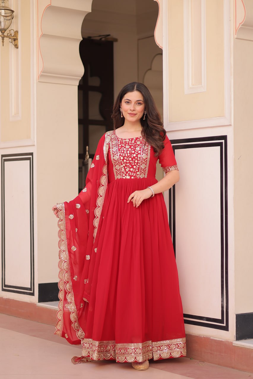 Sonakshi Women's Red Faux Blooming Embroidered Zari Sequins Work Anarkali Gown Set With Dupatta - Distacart