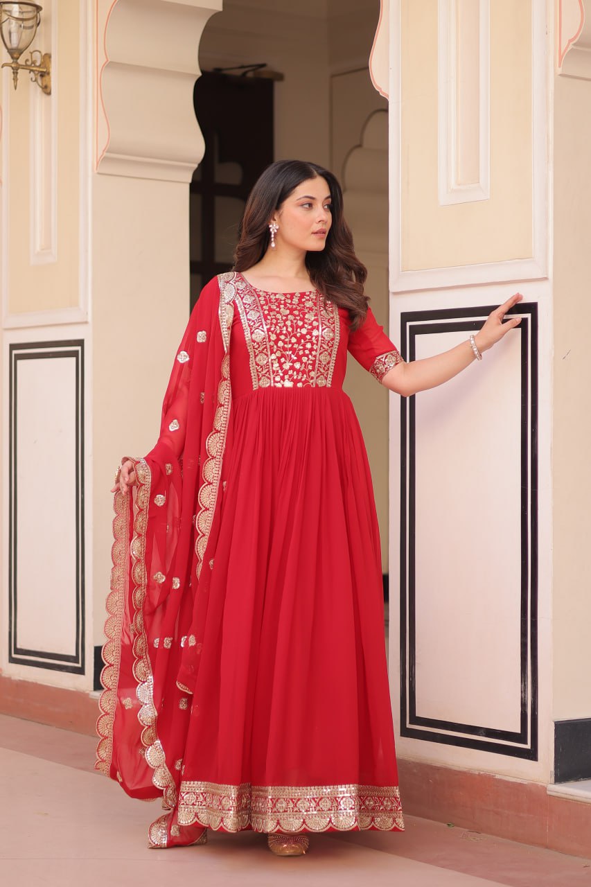 Sonakshi Women's Red Faux Blooming Embroidered Zari Sequins Work Anarkali Gown Set With Dupatta - Distacart