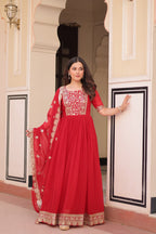 Sonakshi Women's Red Faux Blooming Embroidered Zari Sequins Work Anarkali Gown Set With Dupatta - Distacart