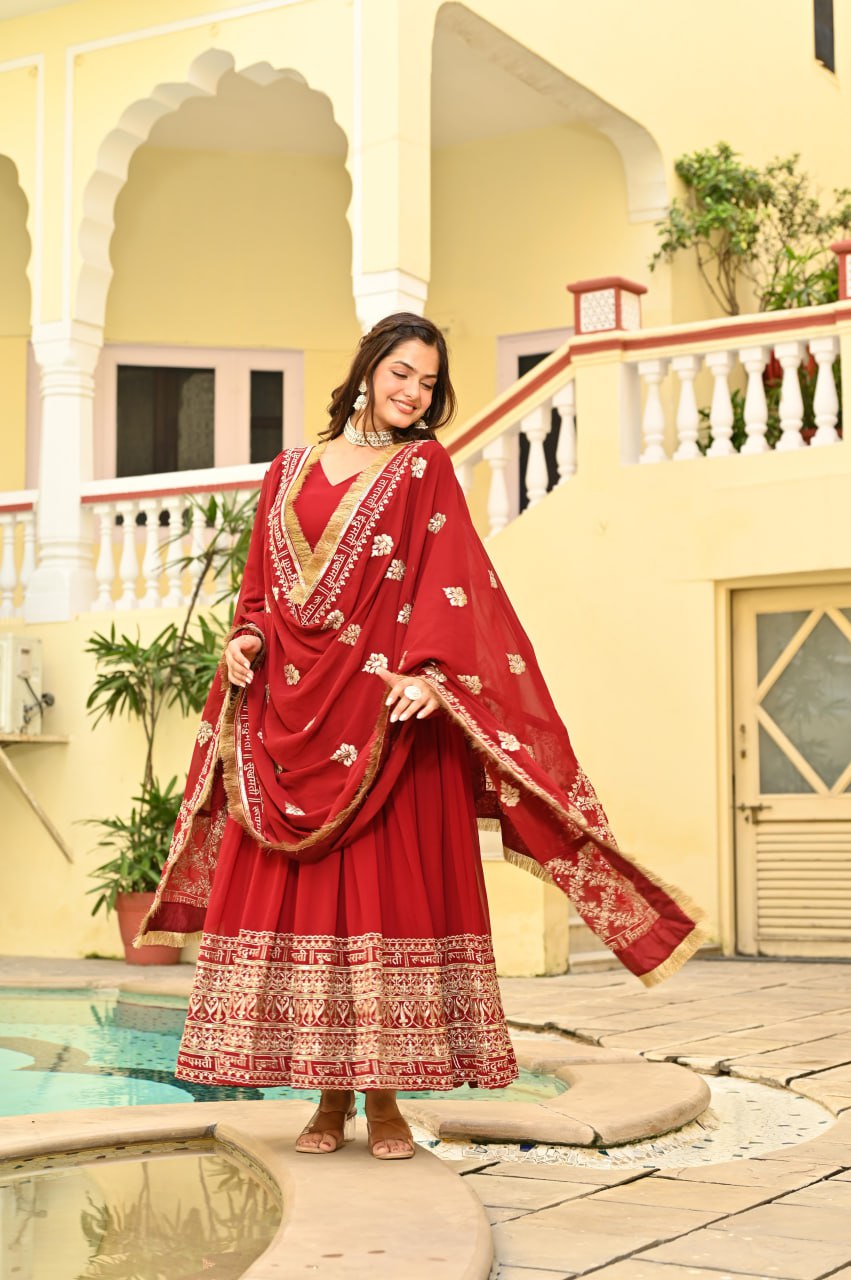 Sonakshi Women's Red Faux Blooming Embroidered Zari Sequins Work Anarkali Gown Set With Dupatta - Distacart