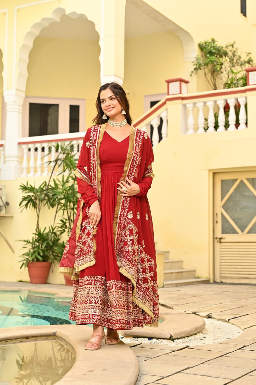 Sonakshi Women's Red Faux Blooming Embroidered Zari Sequins Work Anarkali Gown Set With Dupatta - Distacart