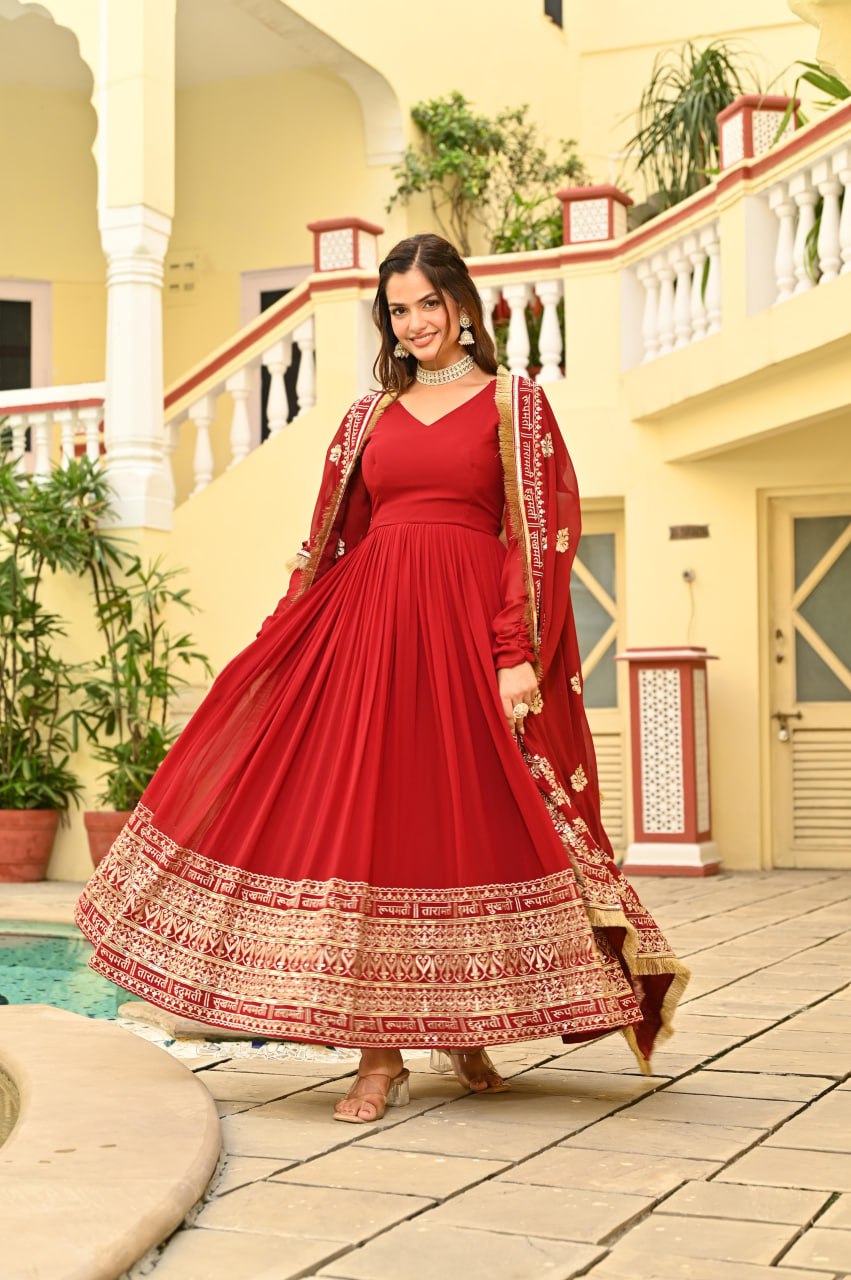 Sonakshi Women's Red Faux Blooming Embroidered Zari Sequins Work Anarkali Gown Set With Dupatta - Distacart