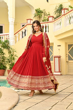 Sonakshi Women's Red Faux Blooming Embroidered Zari Sequins Work Anarkali Gown Set With Dupatta - Distacart