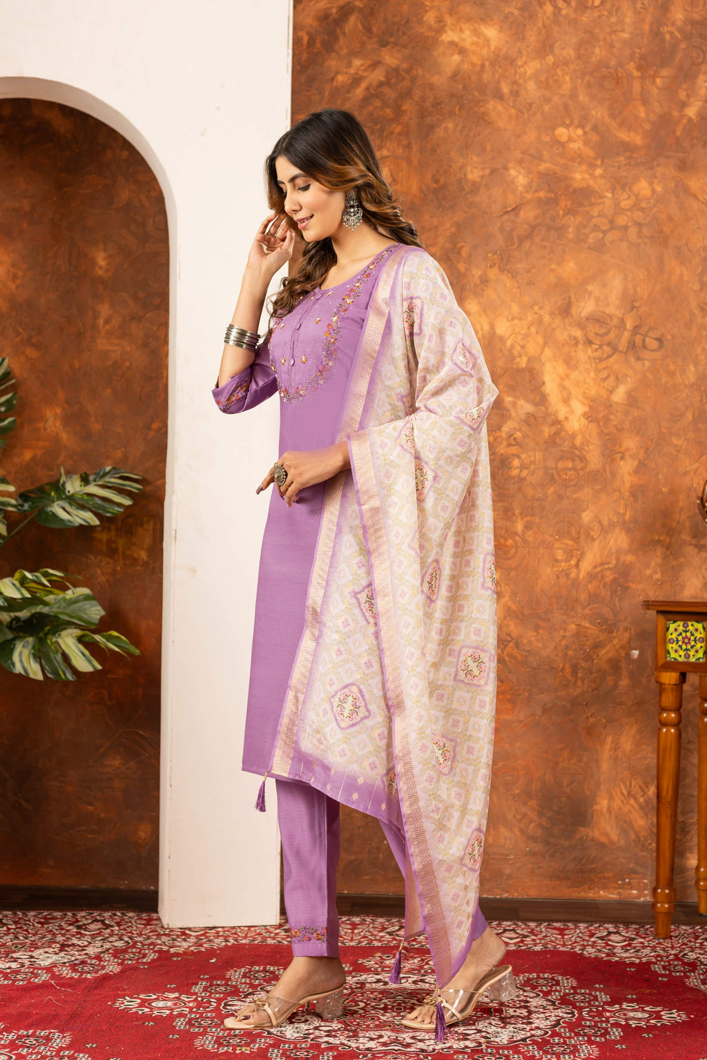 Sonakshi Women's Lavender Marina Silk Multi Embroidered Thread With Hand Work Kurta Set With Dupatta - Distacart