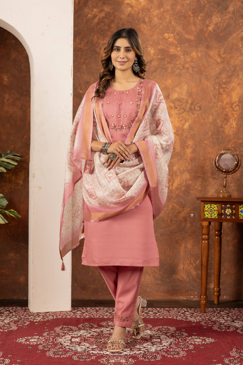 Sonakshi Women's Peach Marina Silk Multi Embroidered Thread With Hand Work Kurta Set With Dupatta - Distacart
