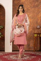 Sonakshi Women's Peach Marina Silk Multi Embroidered Thread With Hand Work Kurta Set With Dupatta - Distacart