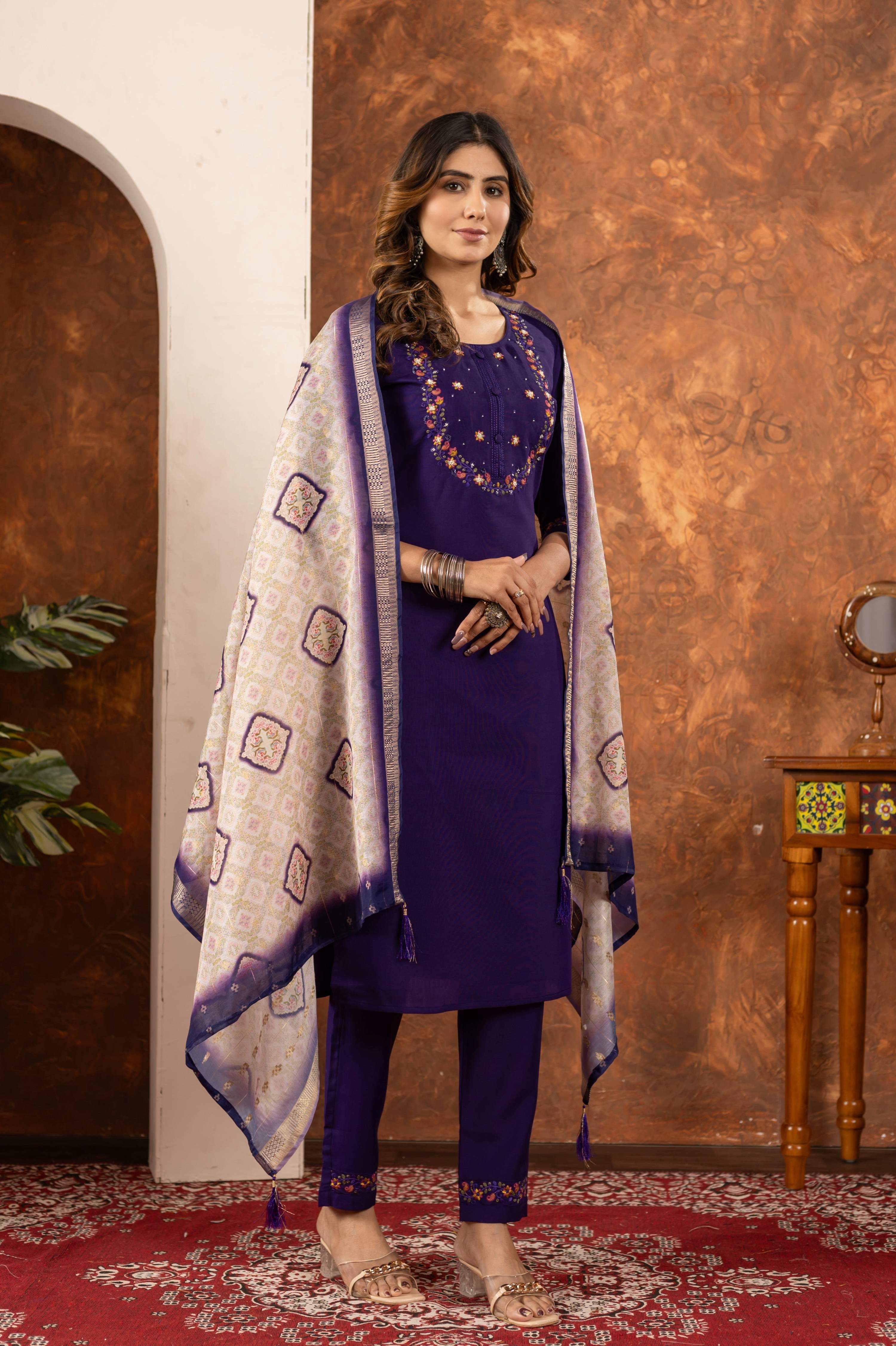 Sonakshi Women's Purple Marina Silk Multi Embroidered Thread With Hand Work Kurta Set With Dupatta - Distacart