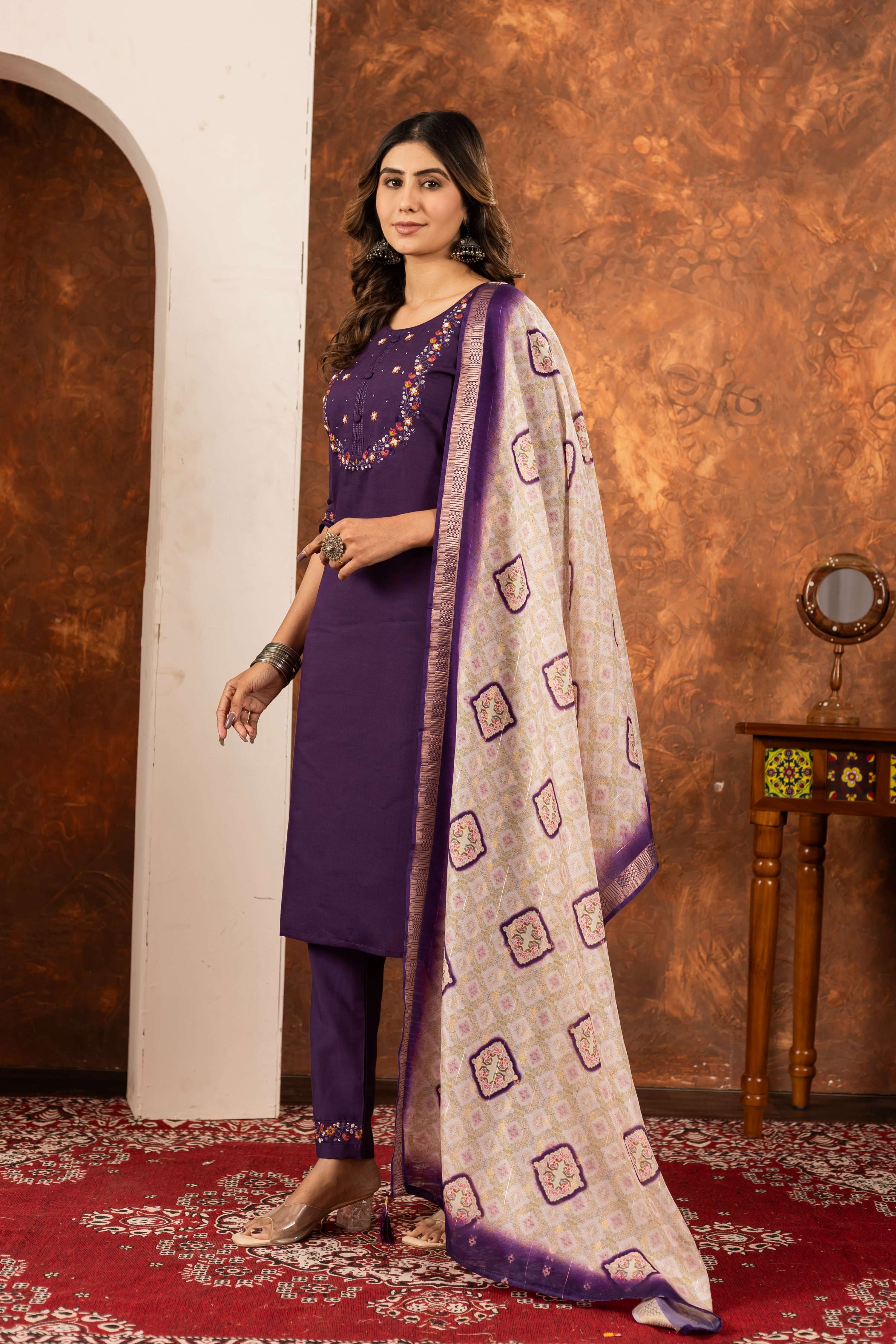 Sonakshi Women's Wine Marina Silk Multi Embroidered Thread With Hand Work Kurta Set With Dupatta - Distacart