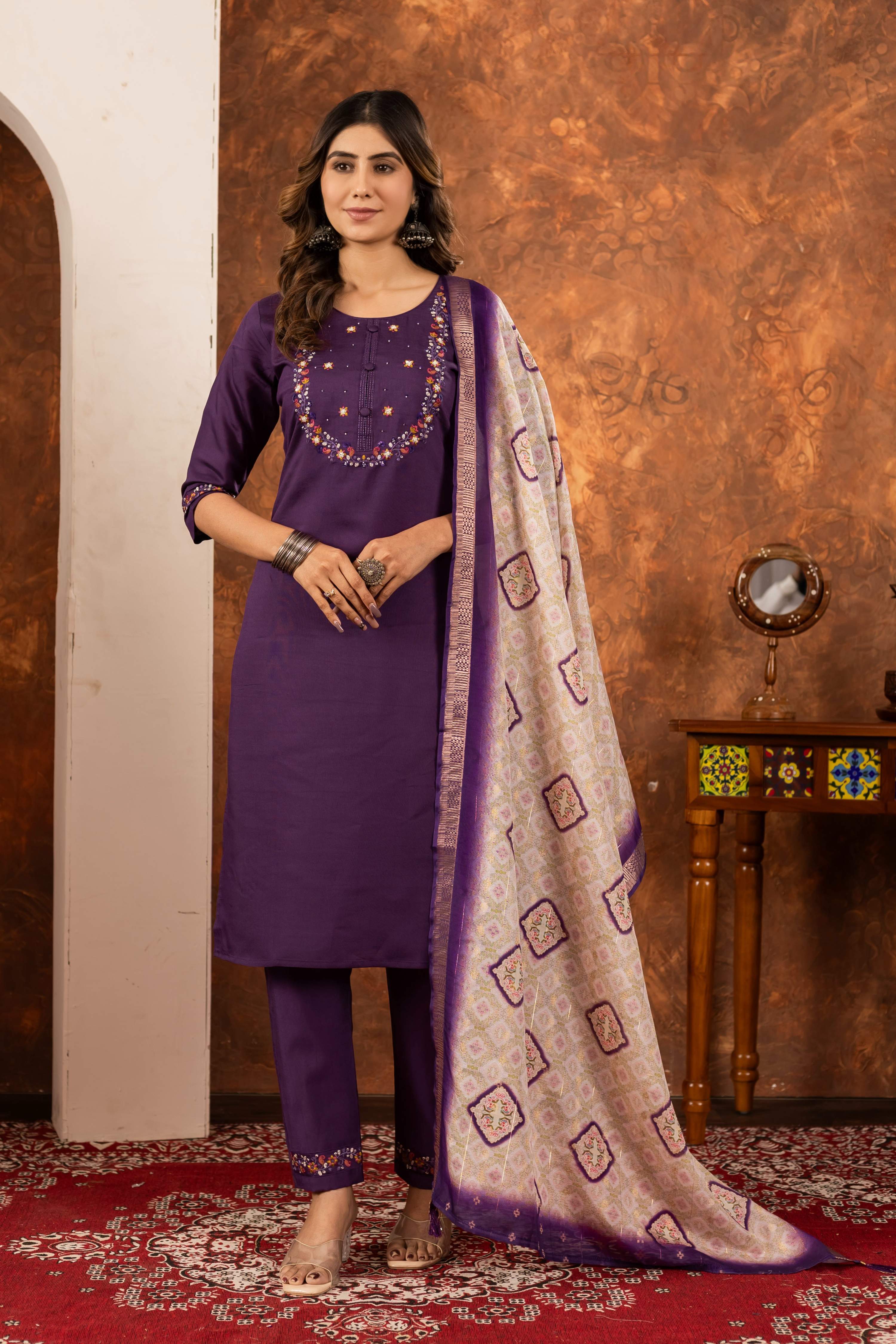 Sonakshi Women's Wine Marina Silk Multi Embroidered Thread With Hand Work Kurta Set With Dupatta - Distacart