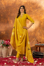 Sonakshi Women's Yellow Roman Silk Multi Embroidered Sequins With Hand Work Kurta Set With Dupatta - Distacart
