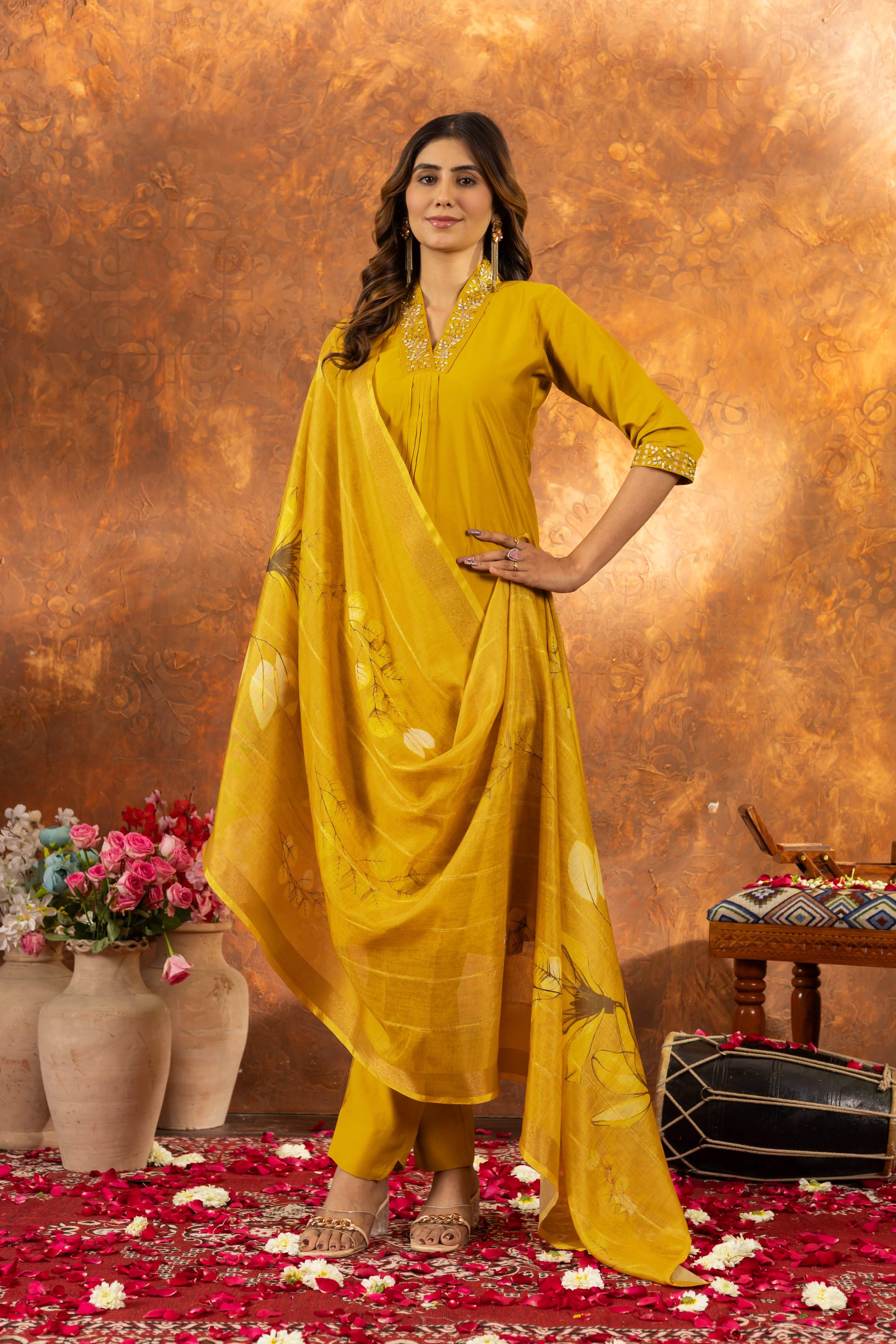 Sonakshi Women's Yellow Roman Silk Multi Embroidered Sequins With Hand Work Kurta Set With Dupatta - Distacart