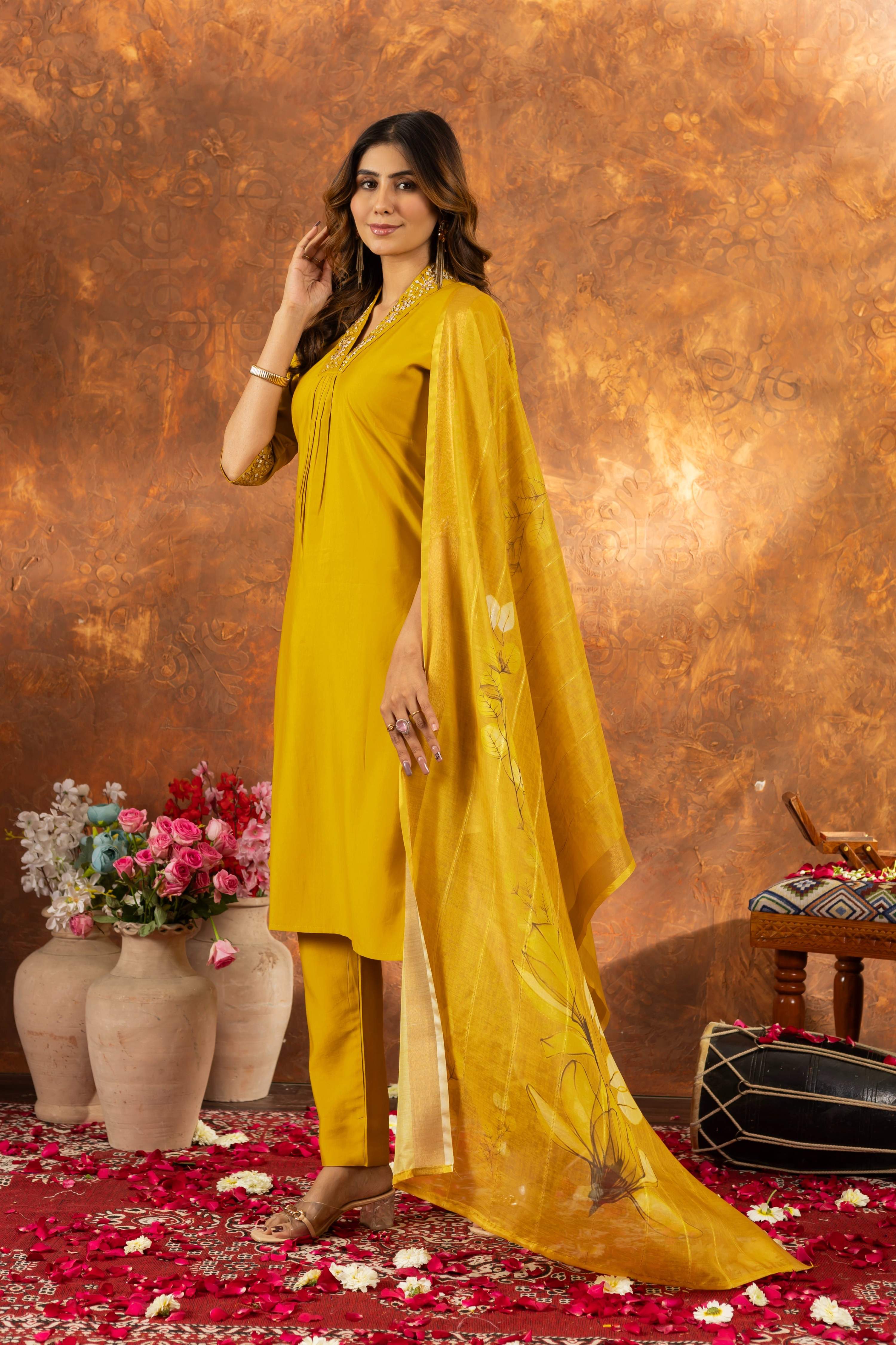 Sonakshi Women's Yellow Roman Silk Multi Embroidered Sequins With Hand Work Kurta Set With Dupatta - Distacart