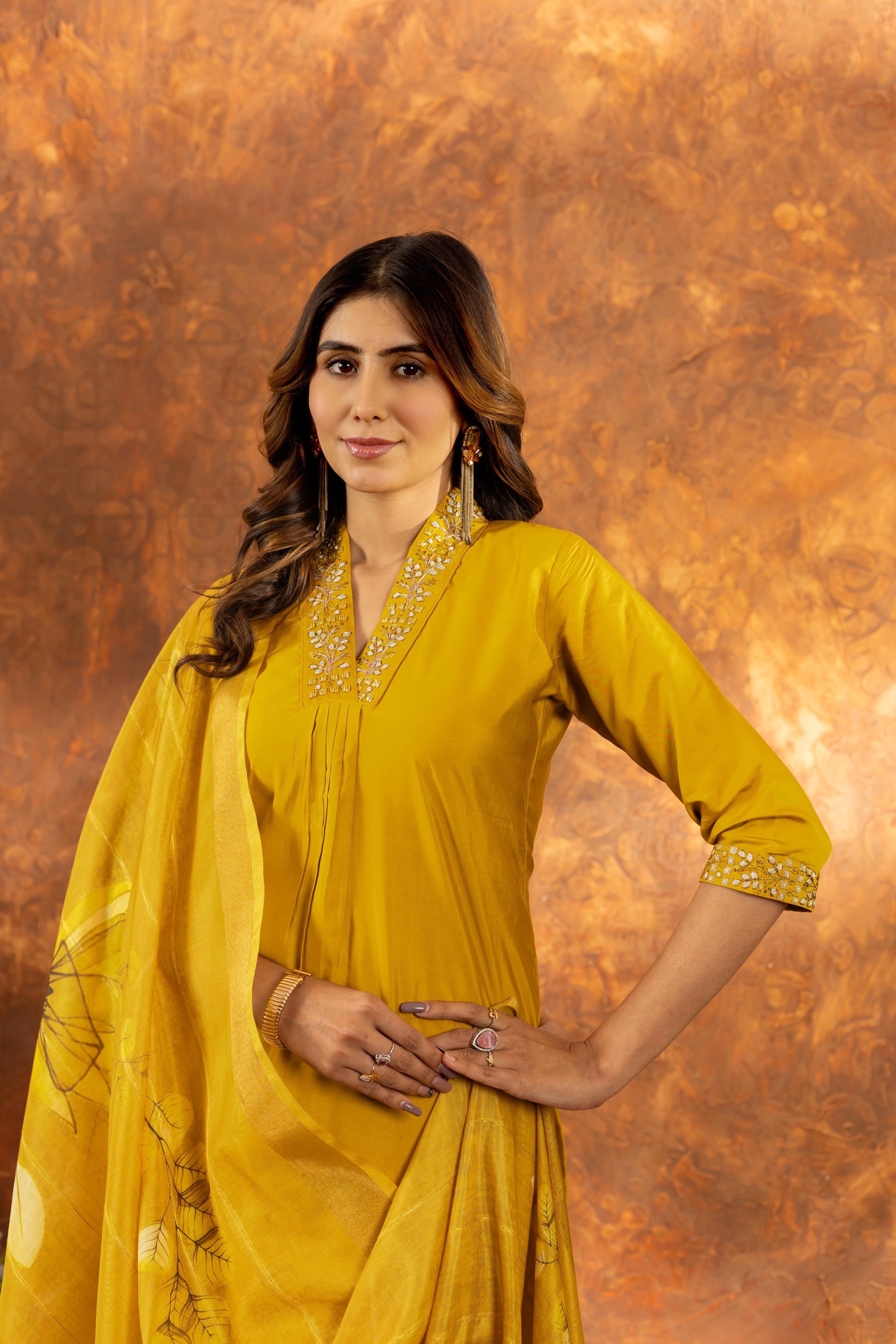 Sonakshi Women's Yellow Roman Silk Multi Embroidered Sequins With Hand Work Kurta Set With Dupatta - Distacart