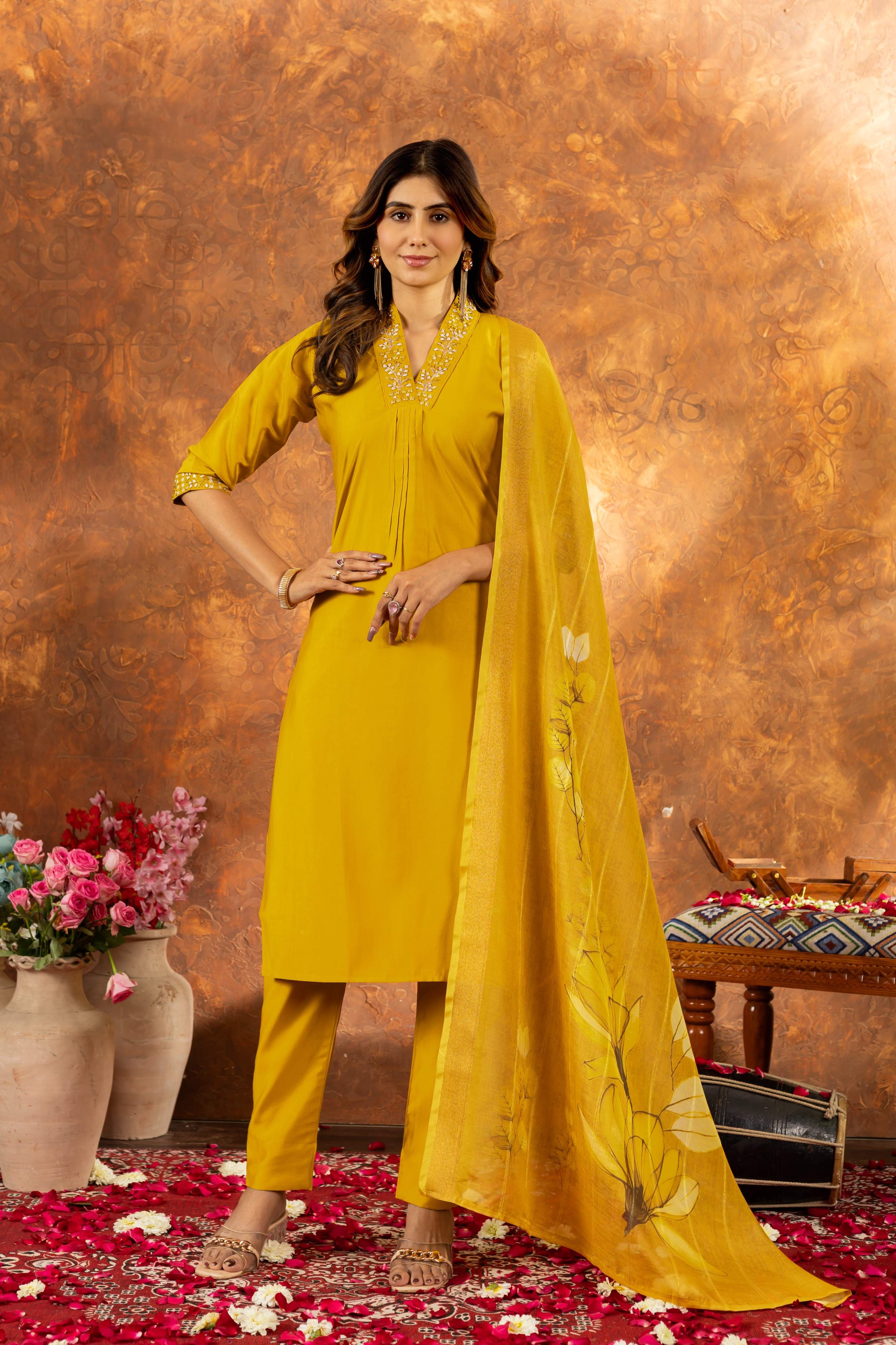 Sonakshi Women's Yellow Roman Silk Multi Embroidered Sequins With Hand Work Kurta Set With Dupatta - Distacart