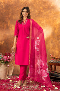 Sonakshi Women's Pink Roman Silk Multi Embroidered Sequins With Hand Work Kurta Set With Dupatta - Distacart