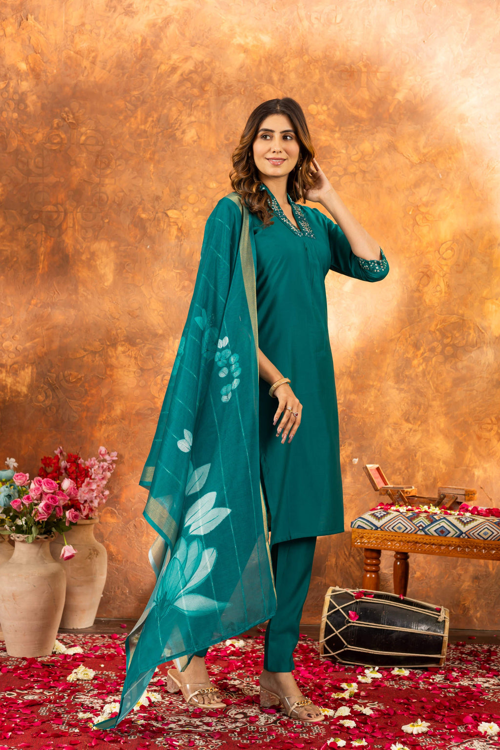 Sonakshi Women's Rama Roman Silk Multi Embroidered Sequins With Hand Work Kurta Set With Dupatta - Distacart