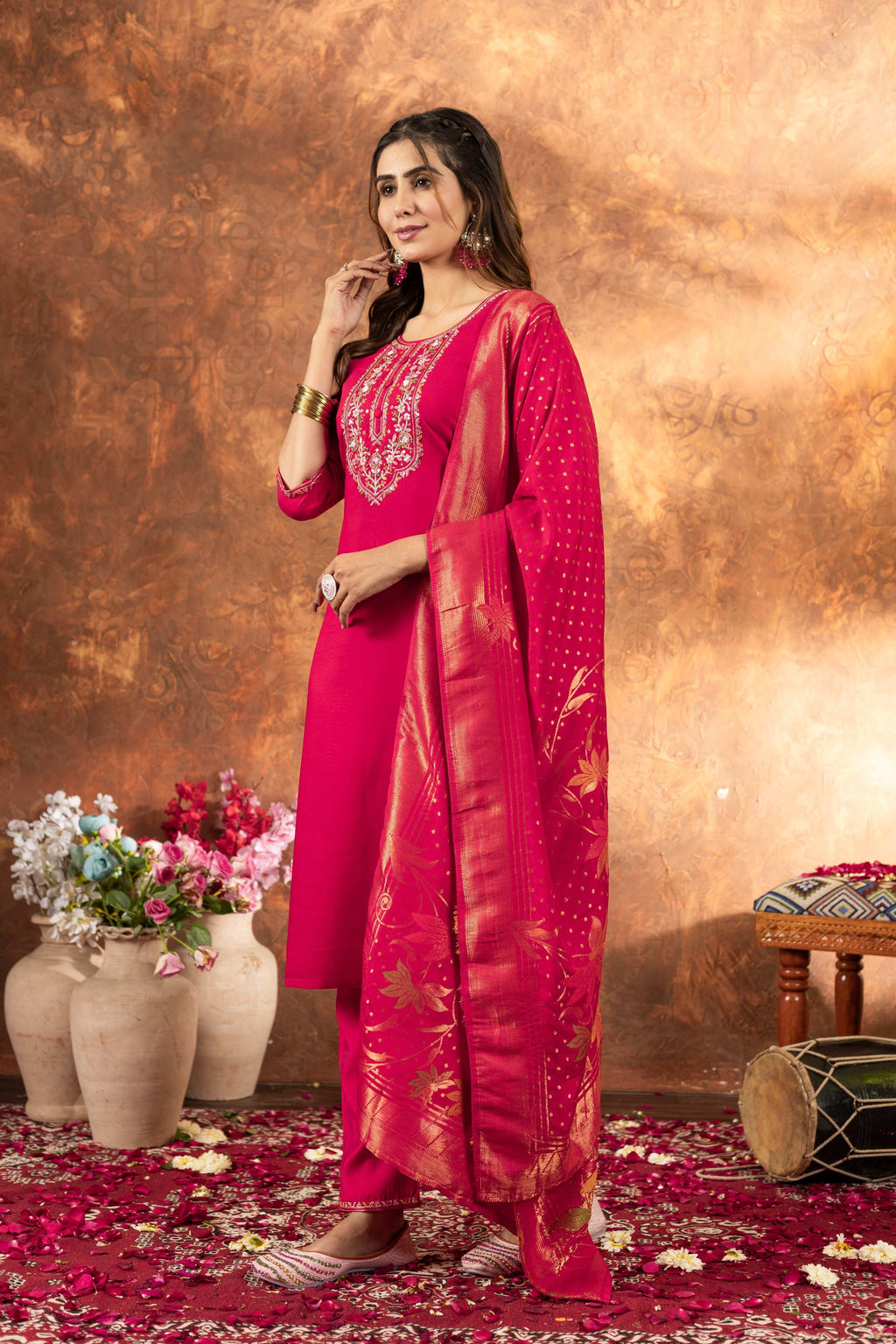 Sonakshi Women's Pink Roman Silk Multi Embroidered Sequins With Hand Work Kurta Set With Dupatta - Distacart
