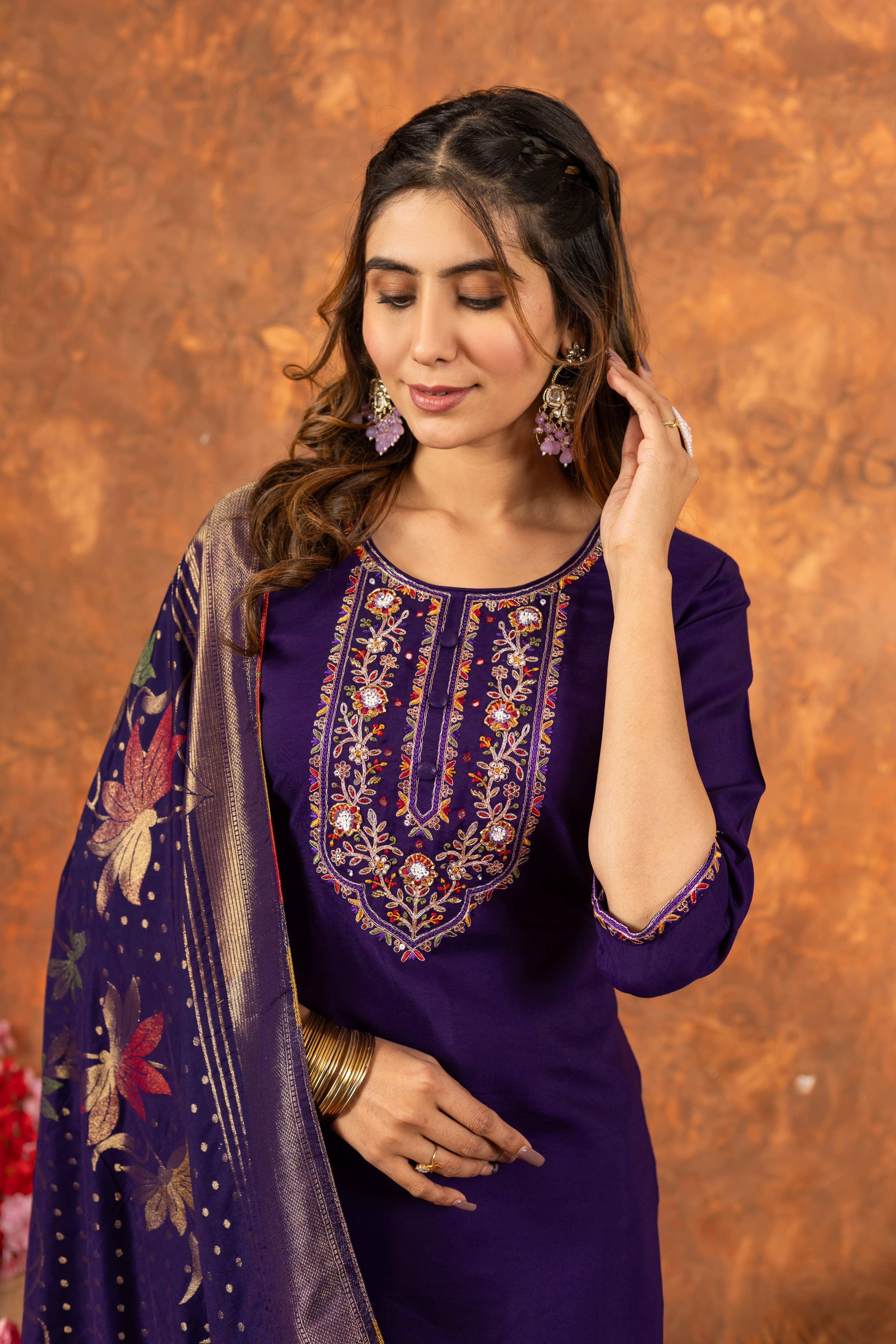 Sonakshi Women's Purple Roman Silk Multi Embroidered Sequins With Hand Work Kurta Set With Dupatta - Distacart