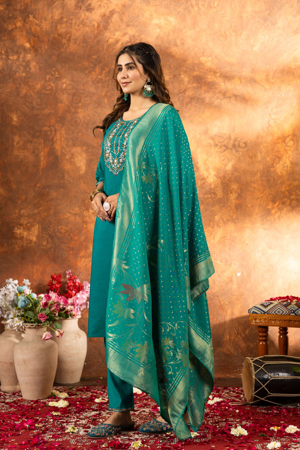 Sonakshi Women's Teal Roman Silk Multi Embroidered Sequins With Hand Work Kurta Set With Dupatta - Distacart