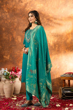 Sonakshi Women's Teal Roman Silk Multi Embroidered Sequins With Hand Work Kurta Set With Dupatta - Distacart