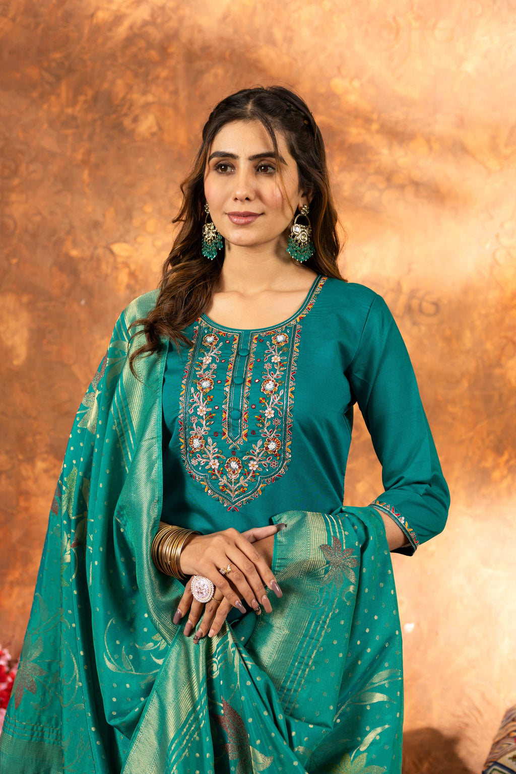 Sonakshi Women's Teal Roman Silk Multi Embroidered Sequins With Hand Work Kurta Set With Dupatta - Distacart