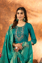Sonakshi Women's Teal Roman Silk Multi Embroidered Sequins With Hand Work Kurta Set With Dupatta - Distacart