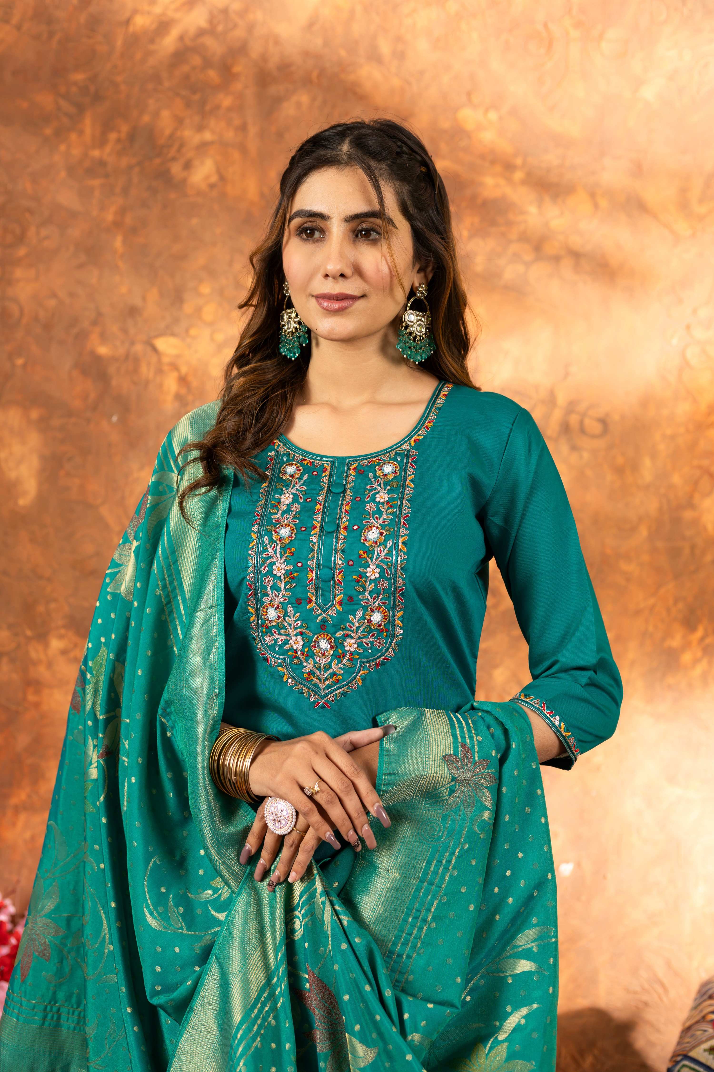 Sonakshi Women's Teal Roman Silk Multi Embroidered Sequins With Hand Work Kurta Set With Dupatta - Distacart