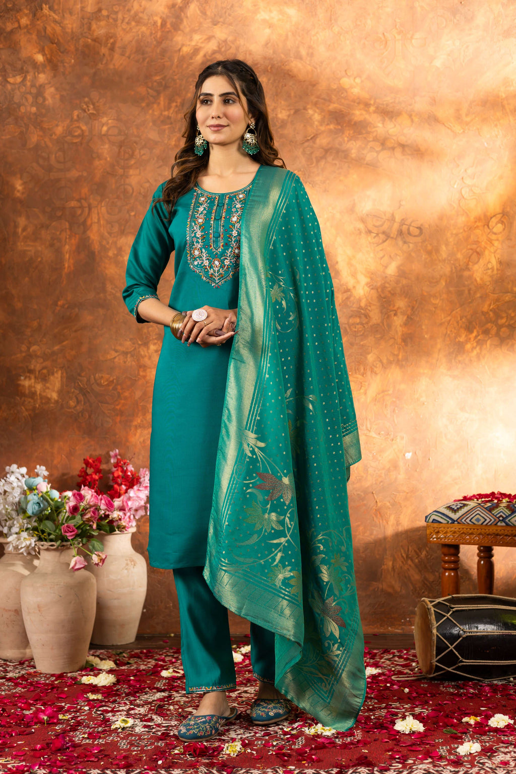 Sonakshi Women's Teal Roman Silk Multi Embroidered Sequins With Hand Work Kurta Set With Dupatta - Distacart