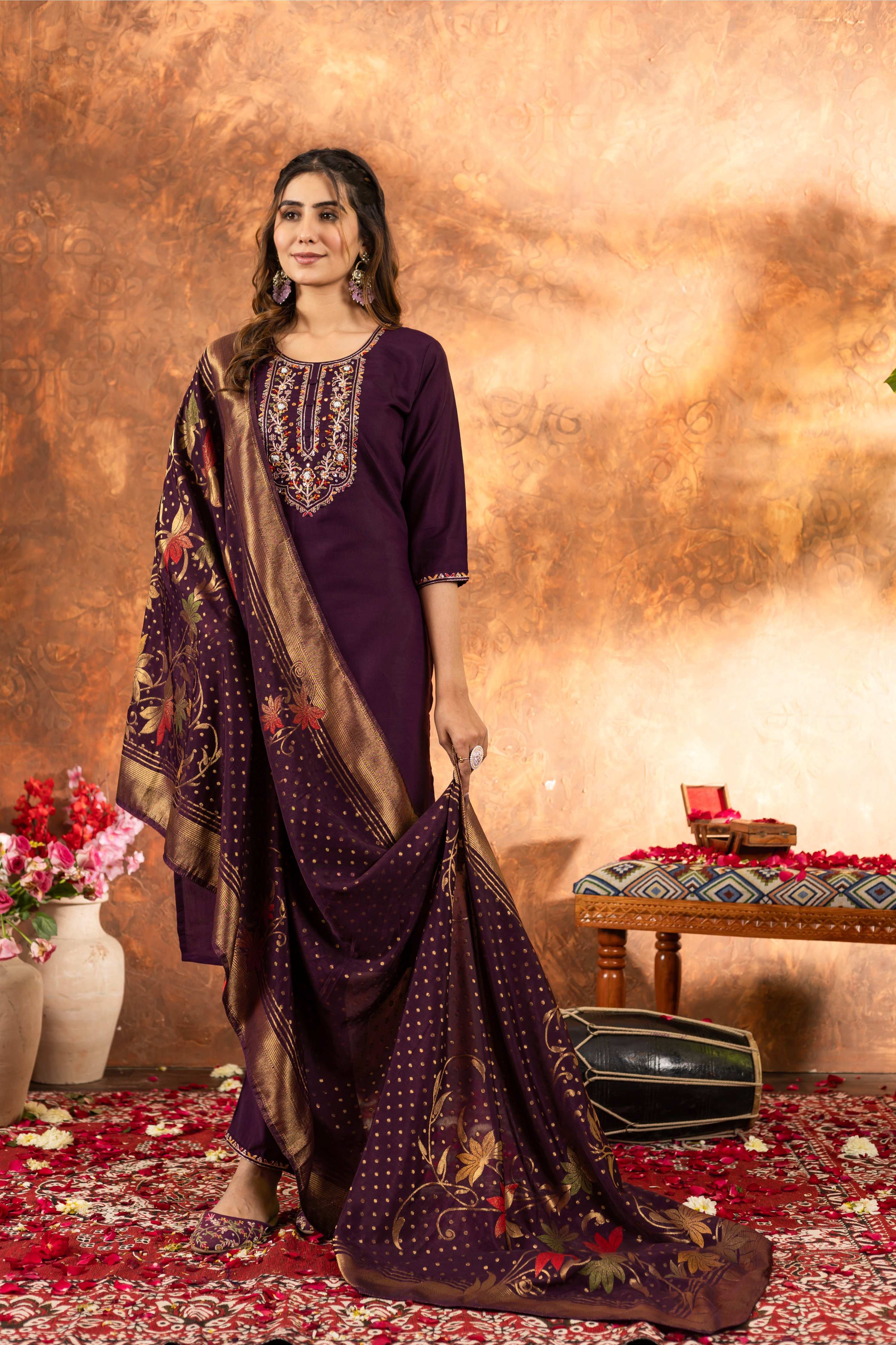 Sonakshi Women's Wine Roman Silk Multi Embroidered Sequins With Hand Work Kurta Set With Dupatta - Distacart
