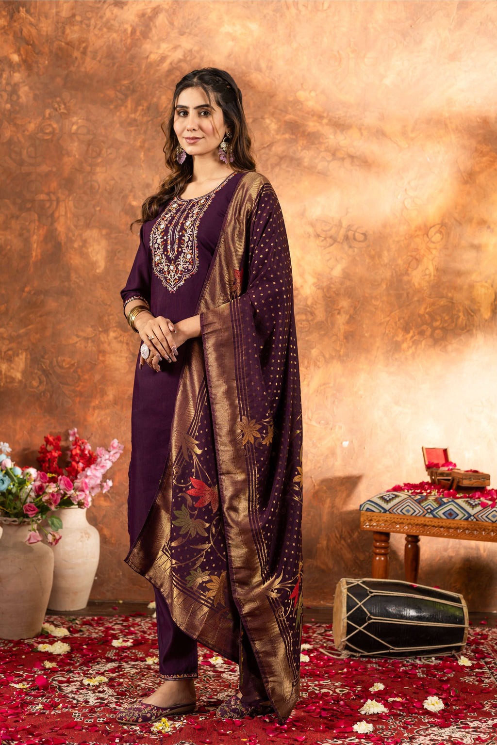 Sonakshi Women's Wine Roman Silk Multi Embroidered Sequins With Hand Work Kurta Set With Dupatta - Distacart