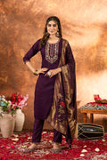 Sonakshi Women's Wine Roman Silk Multi Embroidered Sequins With Hand Work Kurta Set With Dupatta - Distacart