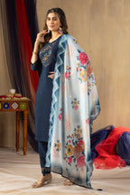 Sonakshi Women's Navy Blue Viscose Mango Silk Multi Embroidered Sequins With Hand Work Kurta Set With Dupatta - Distacart
