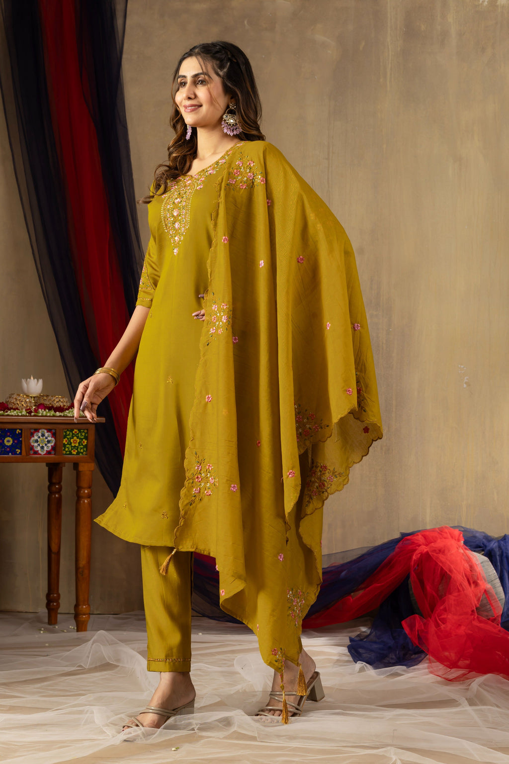 Sonakshi Women's Mustard Roman Silk Multi Embroidered Sequins With Hand Work Kurta Set With Dupatta - Distacart