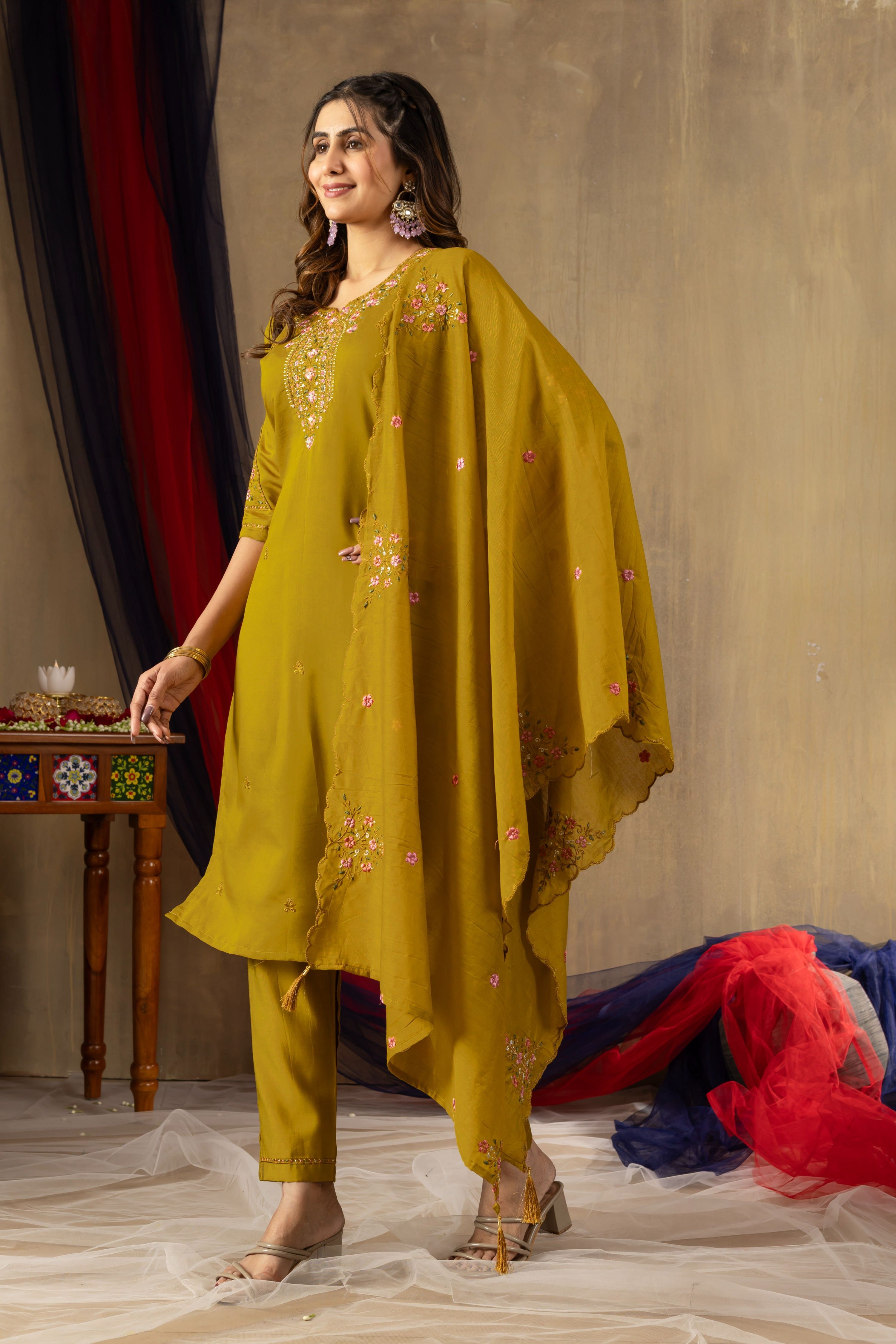 Sonakshi Women's Mustard Roman Silk Multi Embroidered Sequins With Hand Work Kurta Set With Dupatta - Distacart