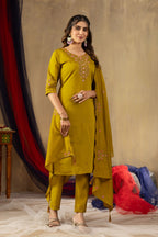 Sonakshi Women's Mustard Roman Silk Multi Embroidered Sequins With Hand Work Kurta Set With Dupatta - Distacart