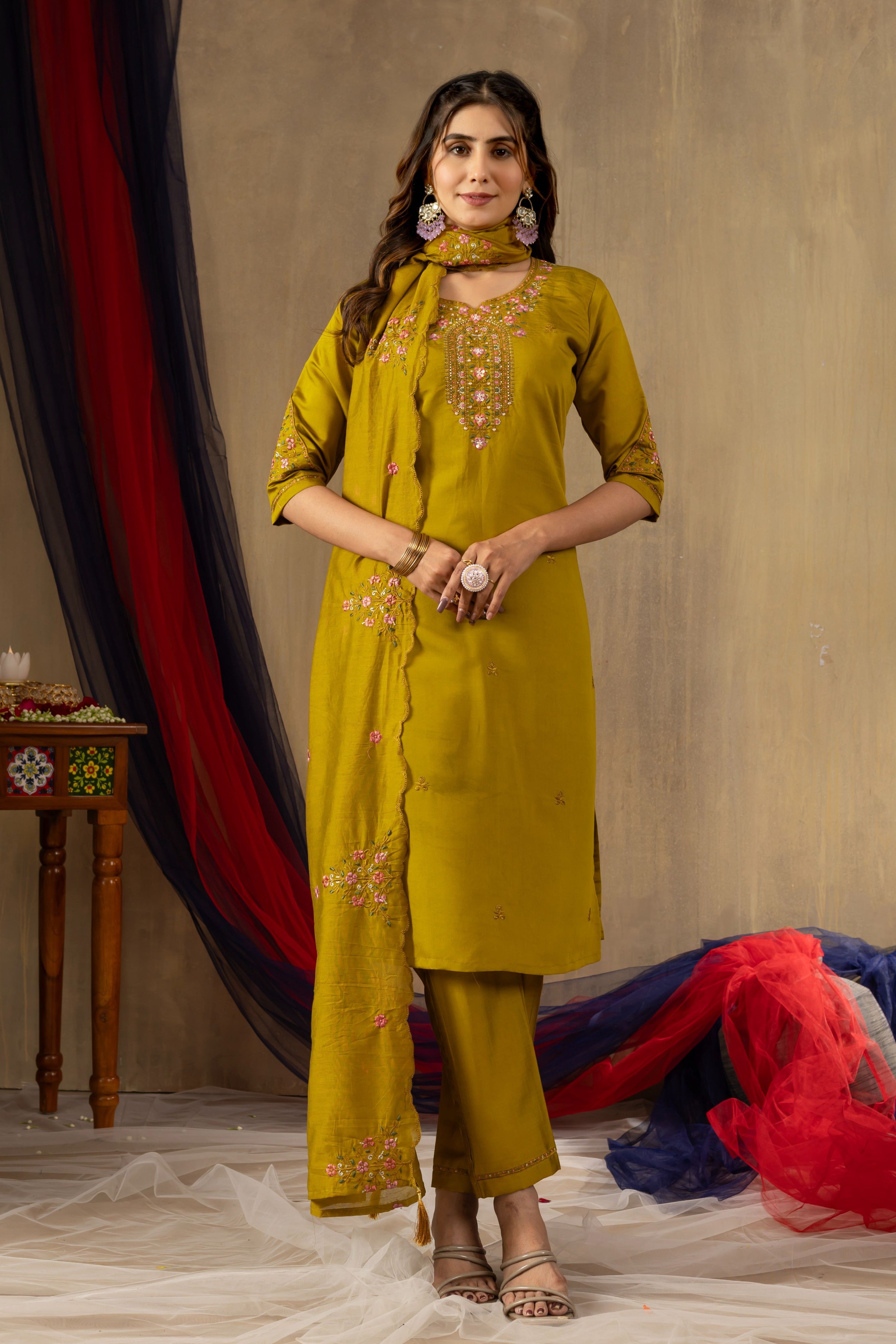 Sonakshi Women's Mustard Roman Silk Multi Embroidered Sequins With Hand Work Kurta Set With Dupatta - Distacart