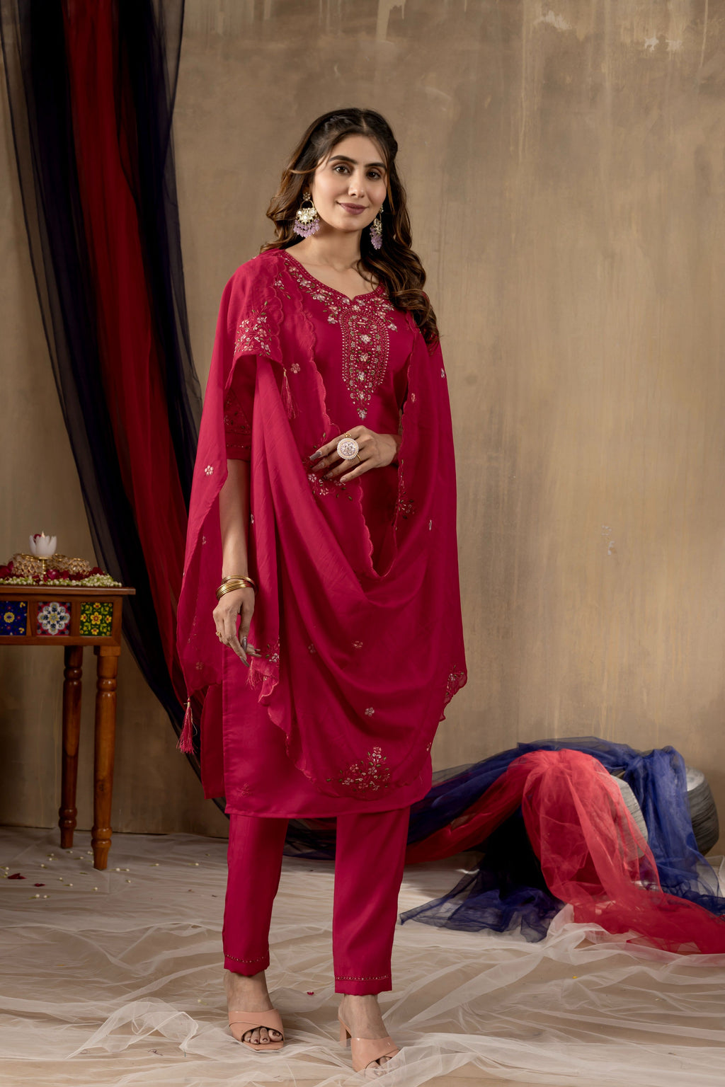 Sonakshi Women's Rani Pink Roman Silk Multi Embroidered Sequins With Hand Work Kurta Set With Dupatta - Distacart