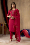 Sonakshi Women's Rani Pink Roman Silk Multi Embroidered Sequins With Hand Work Kurta Set With Dupatta - Distacart
