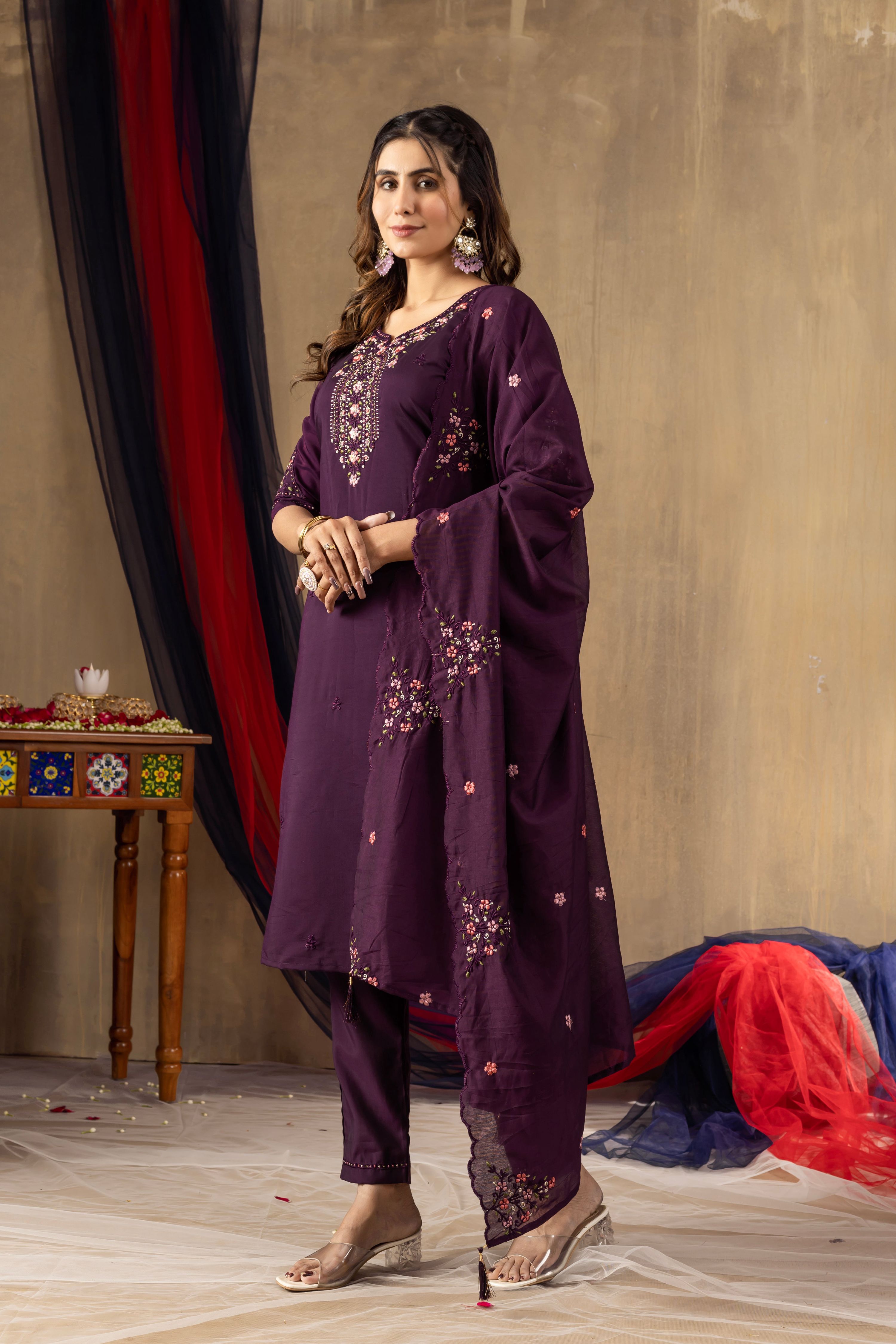 Sonakshi Women's Wine Roman Silk Multi Embroidered Sequins With Hand Work Kurta Set With Dupatta - Distacart
