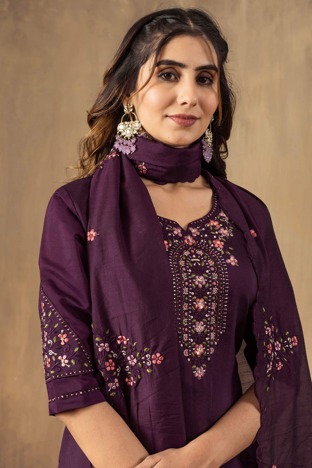 Sonakshi Women's Wine Roman Silk Multi Embroidered Sequins With Hand Work Kurta Set With Dupatta - Distacart