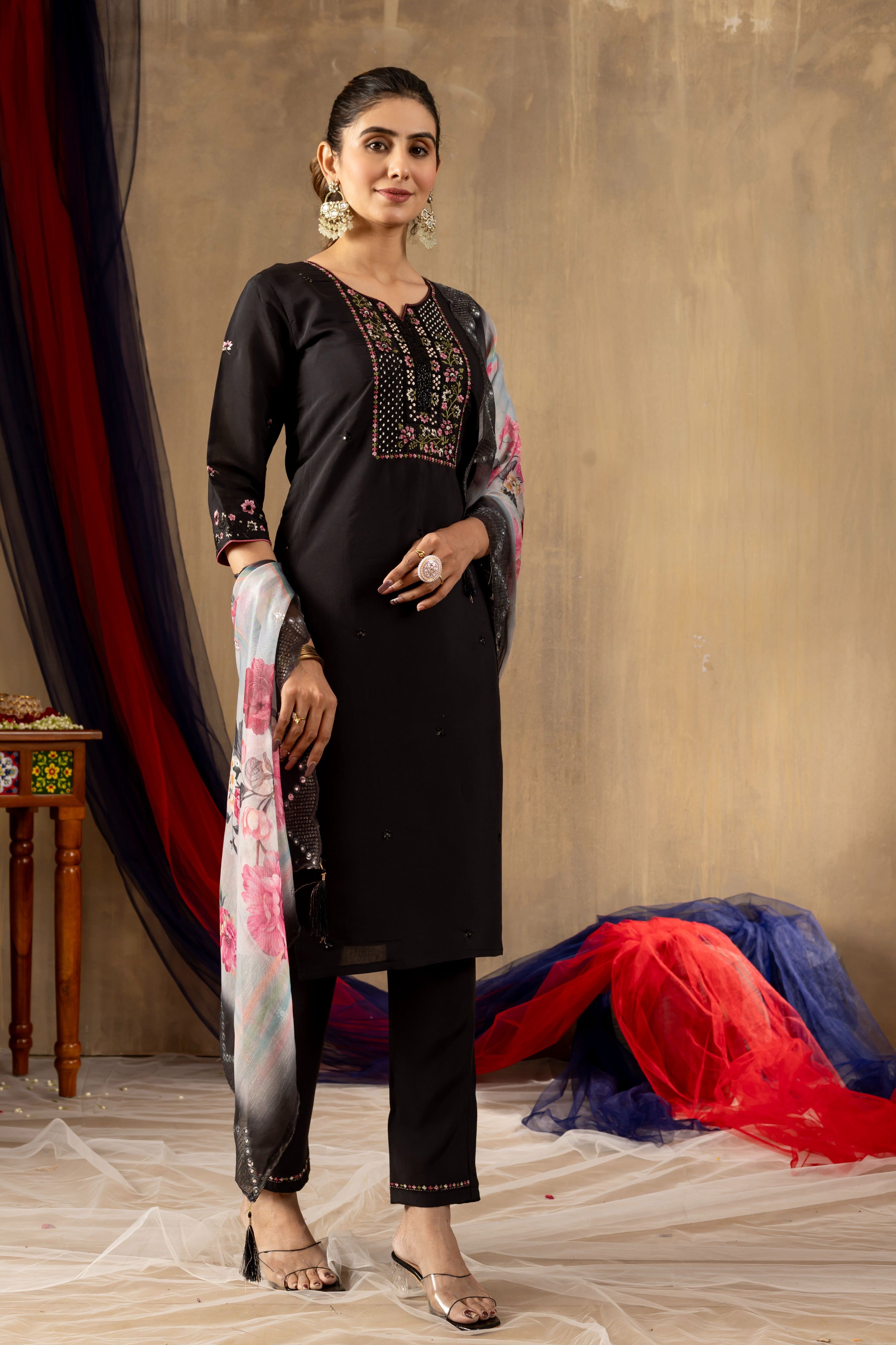 Sonakshi Women's Black Roman Silk Multi Embroidered Sequins With Hand Work Kurta Set With Dupatta - Distacart
