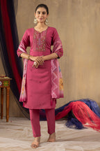 Sonakshi Women's Pink Roman Silk Multi Embroidered Sequins With Hand Work Kurta Set With Dupatta - Distacart