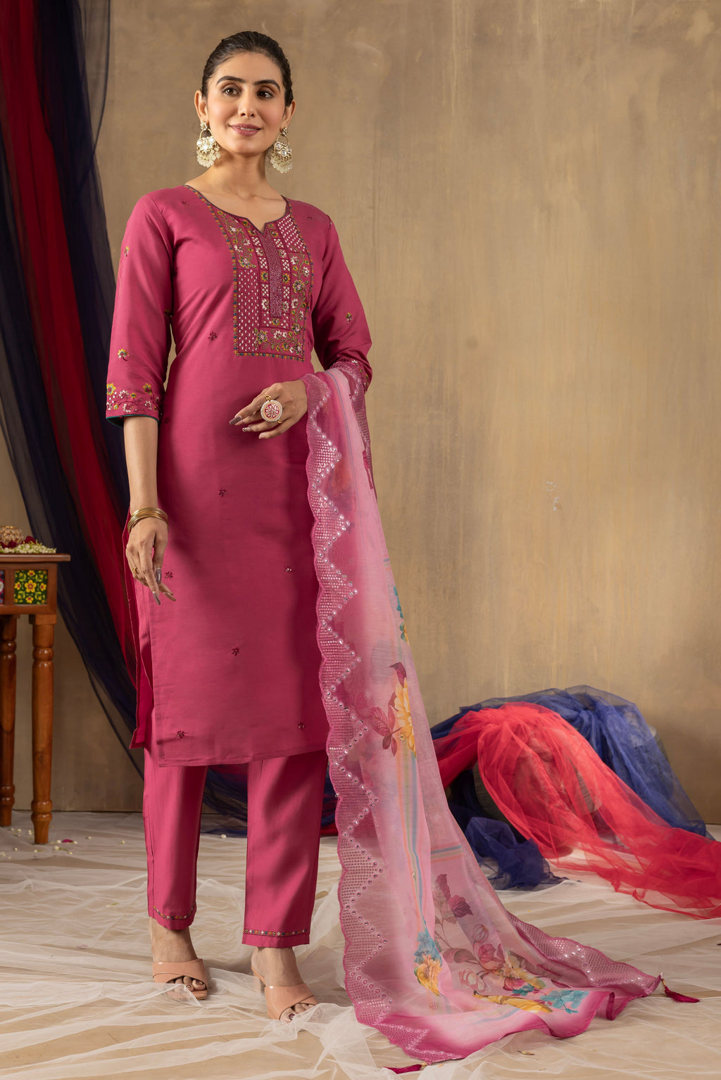 Sonakshi Women's Pink Roman Silk Multi Embroidered Sequins With Hand Work Kurta Set With Dupatta - Distacart