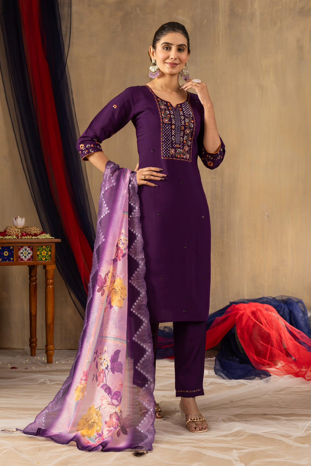 Sonakshi Women's Purple Roman Silk Multi Embroidered Sequins With Hand Work Kurta Set With Dupatta - Distacart