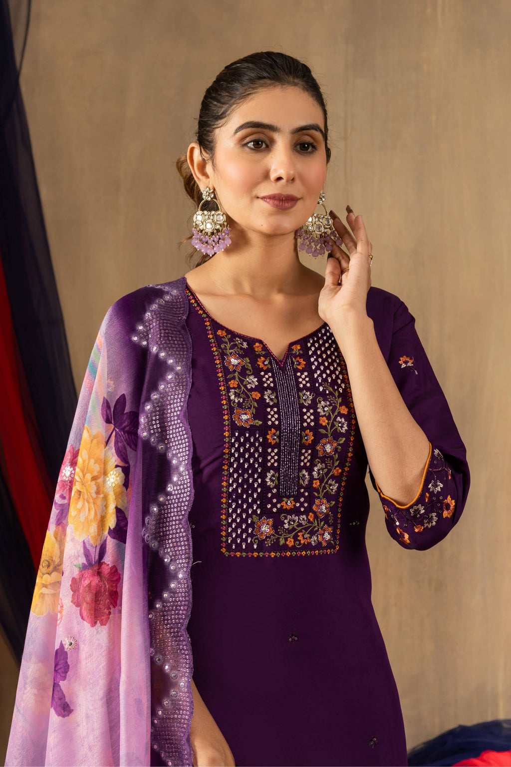 Sonakshi Women's Purple Roman Silk Multi Embroidered Sequins With Hand Work Kurta Set With Dupatta - Distacart